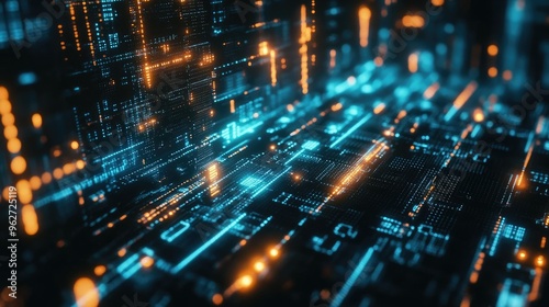 Glowing data streams in darkness