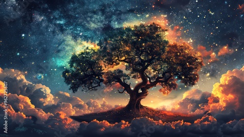A mystical tree against a cosmic backdrop, blending nature and the universe in a vibrant, dreamlike scene.