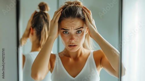 A woman standing in front of a mirror, holding her head with both hands, looking overwhelmed photo