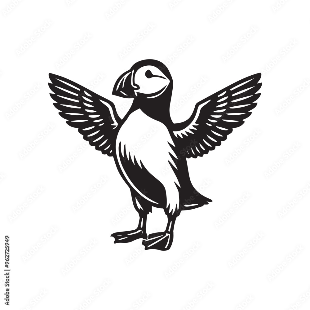 Horned Puffin Silhouette – Black and White Puffin Bird Illustration