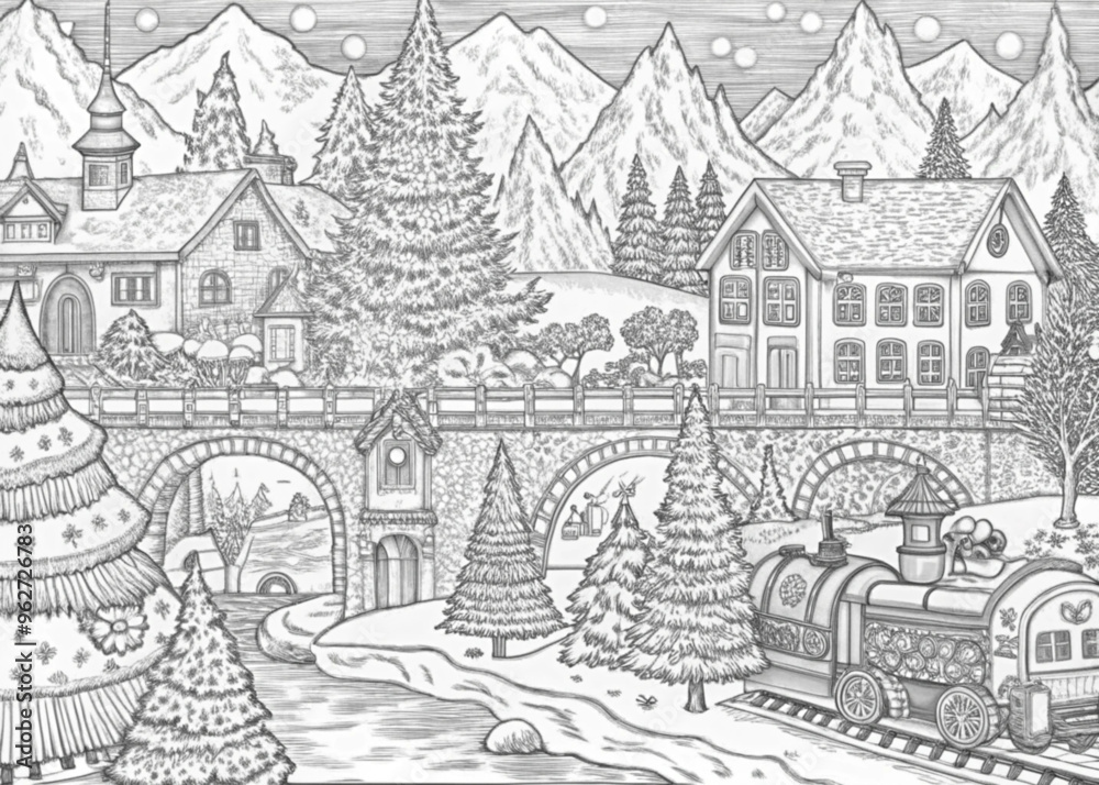Naklejka premium Detailed Winter Village Scene with Snow-Covered Houses for Coloring Books