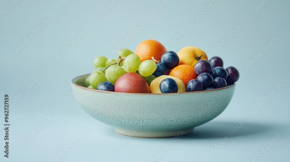 A bowl filled with various fresh fruits on a light blue background. A bowl filled with various fresh fruits on a light blue background.