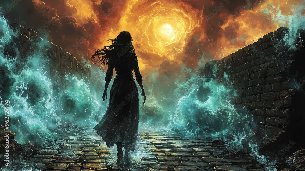 Obraz premium A woman walks towards a glowing orb in the sky, surrounded by stormy waves.