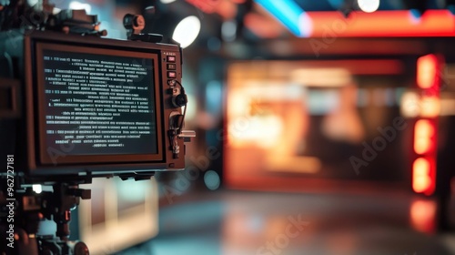 A broadcast camera captures a studio set with a teleprompter display in focus.