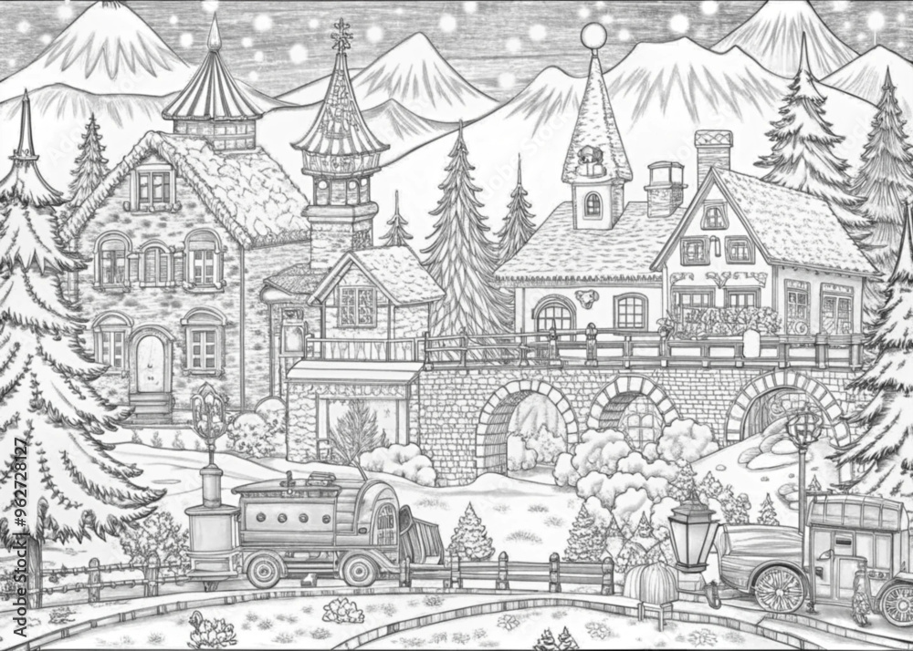 Fototapeta premium Detailed Winter Village Scene with Snow-Covered Houses for Coloring Books