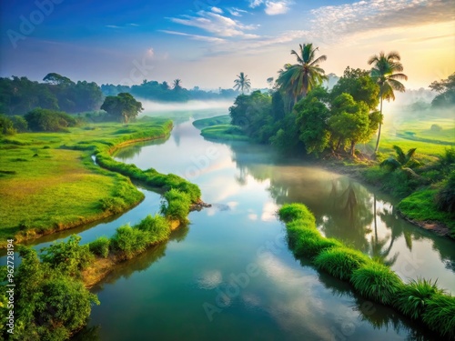 Serene morning scene of a tranquil river winding through lush green rural landscape in Bangladesh, with misty fog rising from the water's calm surface. photo