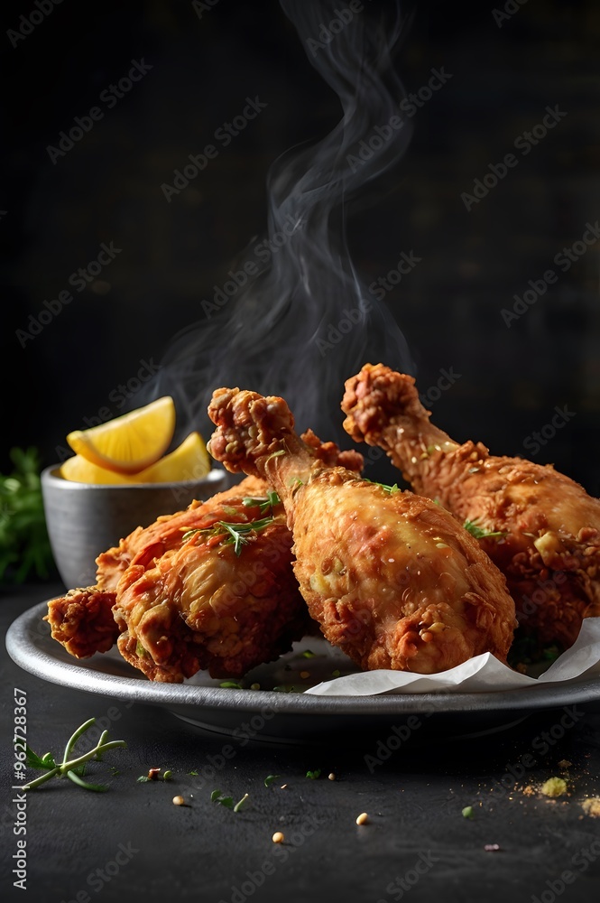 Smoky tasty crispy fried chicken on black background, delicious fry meat pieces food meal, barbecue snacks Smoky tasty crispy fried chicken on black background, delicious fry meat pieces food meal, barbecue snacks