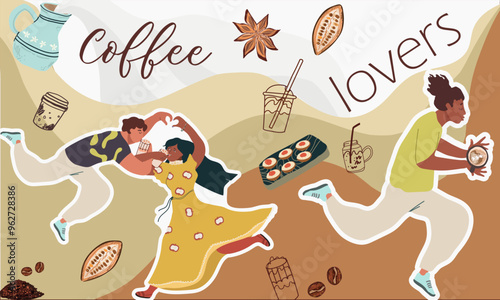 Collage coffee lovers, people characters,  contemporary art. Inspiration, idea, trendy style. Background, template, banner. Hand drawn vector illustration.