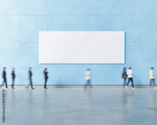 Modern Airport Terminal with Pastel Blue Wall and Blank Billboard - Motion Blur People Creating a Dynamic Atmosphere