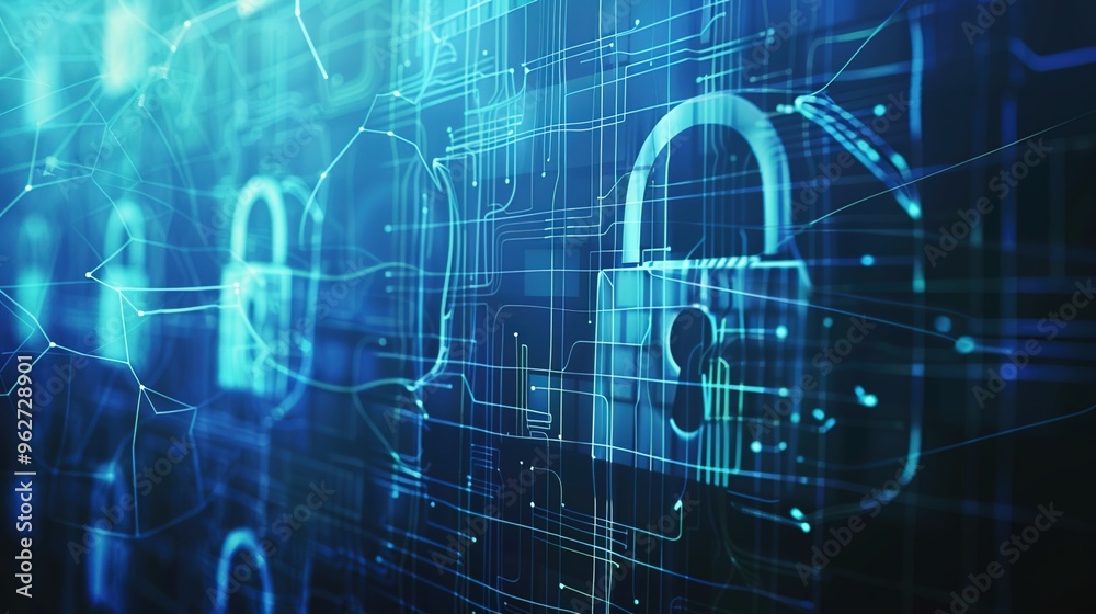 A futuristic digital lock symbol with various padlocks and cyber elements, emphasizing the importance of secure data networks A futuristic digital lock symbol with various padlocks and cyber elements, emphasizing the importance of secure data networks