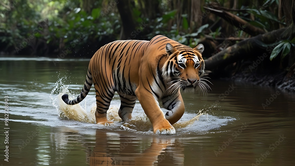 Immerse yourself in the beauty of the wild with this high-resolution photograph of a majestic tiger gracefully stepping through a shallow jungle river. Immerse yourself in the beauty of the wild with this high-resolution photograph of a majestic tiger gracefully stepping through a shallow jungle river.