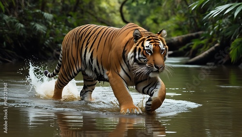 Immerse yourself in the beauty of the wild with this high-resolution photograph of a majestic tiger gracefully stepping through a shallow jungle river.