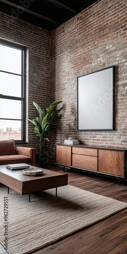 Loft apartment living room with artistic mood, warm ambiance and natural window lighting. Modern industrial Real Estate interior design composition.