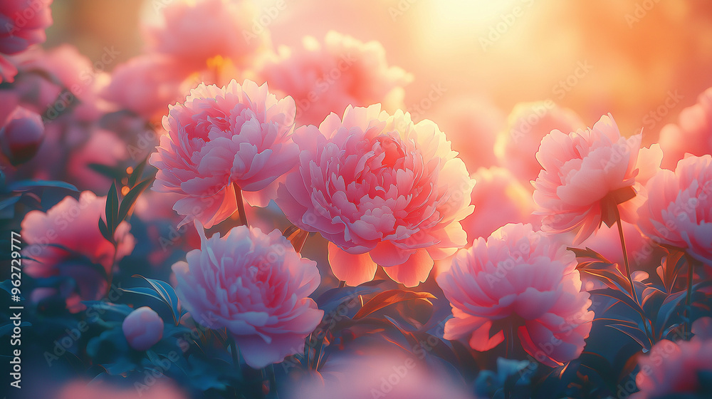 A high-resolution photo of a pastel-colored peony garden at dusk, with soft light creating a warm and inviting atmosphere A high-resolution photo of a pastel-colored peony garden at dusk, with soft light creating a warm and inviting atmosphere