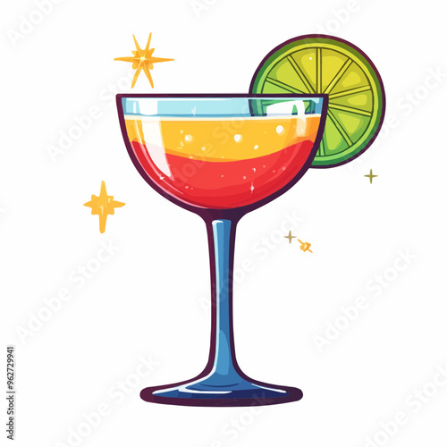 A colorful cocktail in a glass with a lime slice, designed for leisure and enjoyment.