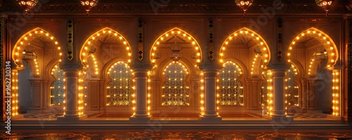Ornate archway with intricate details and warm lighting, creating a sense of grandeur and mystique. Ideal for architectural design, religious themes, or cultural celebrations.