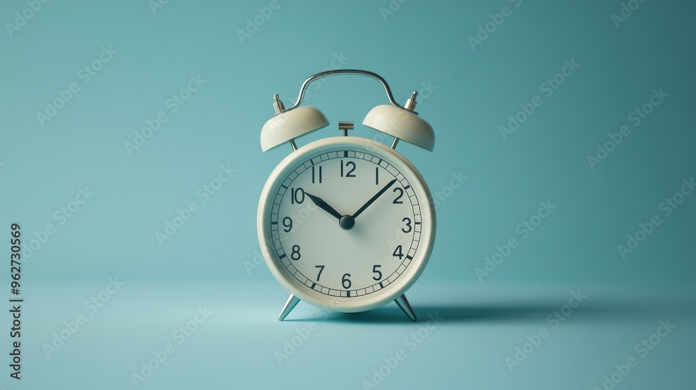 A classic alarm clock with a white face and black numbers, set against a soft blue background. A classic alarm clock with a white face and black numbers, set against a soft blue background.
