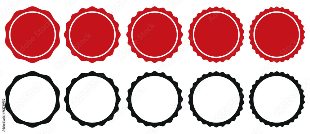 Circle Seal Stamps and Wavy Edge Stickers. Starburst Price Tags, Sale Badges, and Wax Seal Silhouettes - Vector Illustration Set Circle Seal Stamps and Wavy Edge Stickers. Starburst Price Tags, Sale Badges, and Wax Seal Silhouettes - Vector Illustration Set