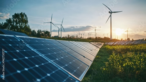 Sustainable Energy Generation at Sunset with Solar Panels and Wind Turbines