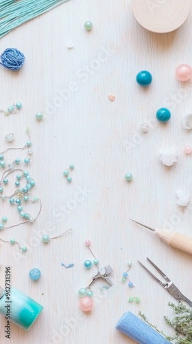 Female Adult Engaging in Creative Jewelry-Making with Beads and Tools on Light Wooden Table - Flat Lay Shot for Social Media Post During Bright Daytime - Inspiring DIY Hobby