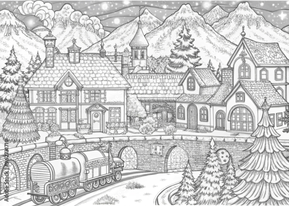 Detailed Winter Village Scene with Snow-Covered Houses for Coloring Books Detailed Winter Village Scene with Snow-Covered Houses for Coloring Books