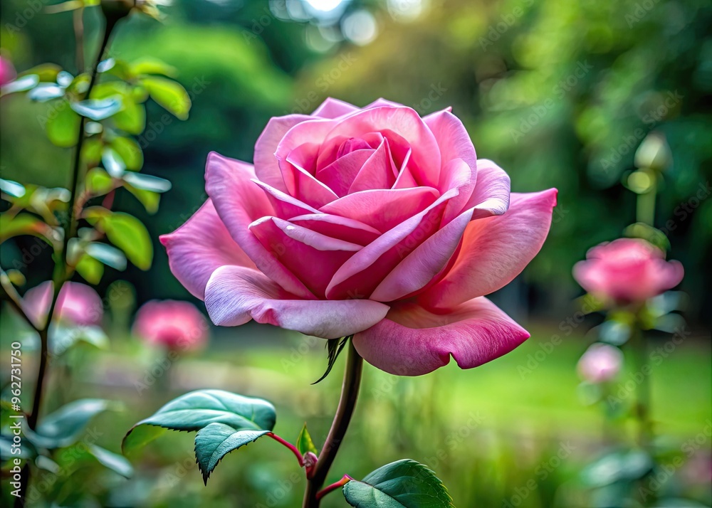 Single Pink Rose Blossom With Velvety Petals And Spiky Stem Against A Blurred Garden Backdrop Single Pink Rose Blossom With Velvety Petals And Spiky Stem Against A Blurred Garden Backdrop