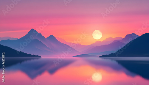 Beautiful landscape with a lake and mountains reflected in the water at sunset.