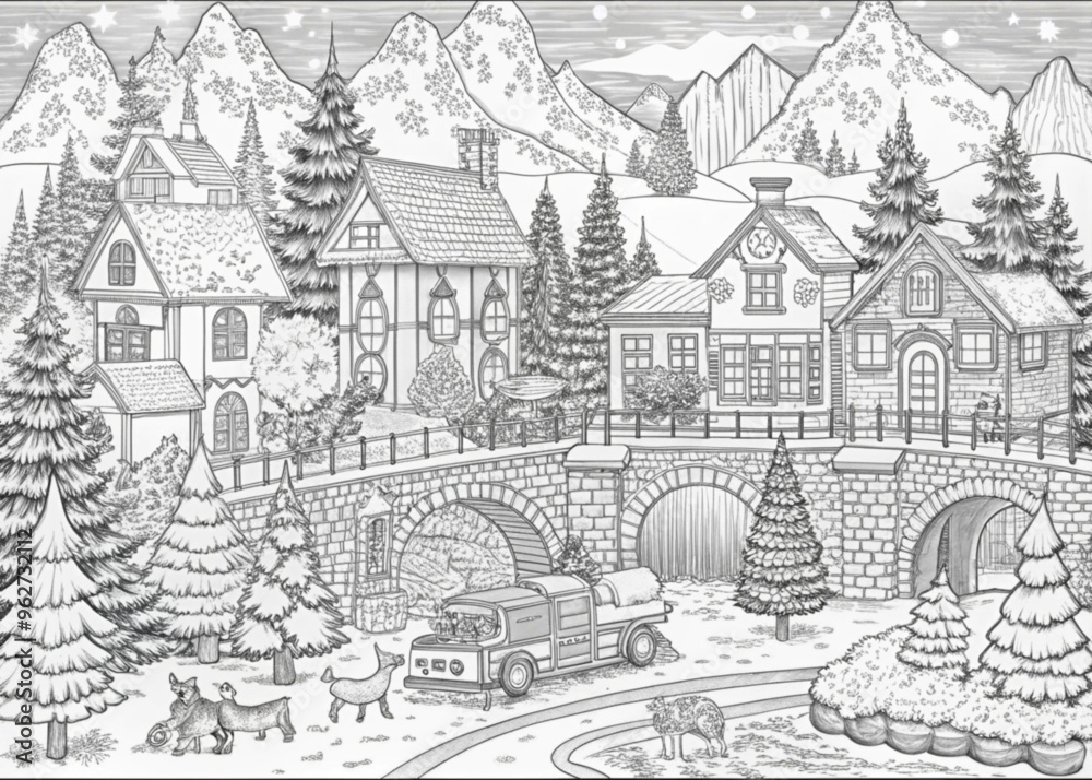 Obraz premium Detailed Winter Village Scene with Snow-Covered Houses for Coloring Books
