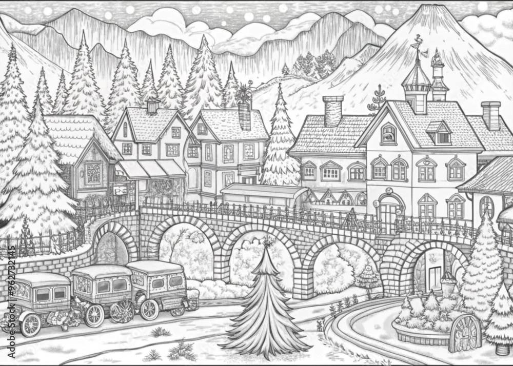 Fototapeta premium Detailed Winter Village Scene with Snow-Covered Houses for Coloring Books
