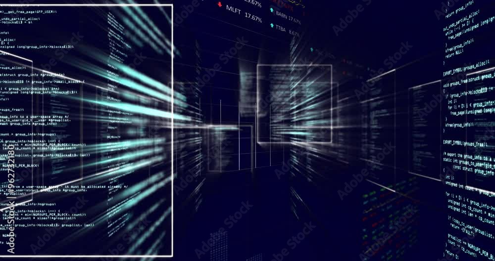 Digital data streams and code processing animation over dark background with graphs Digital data streams and code processing animation over dark background with graphs