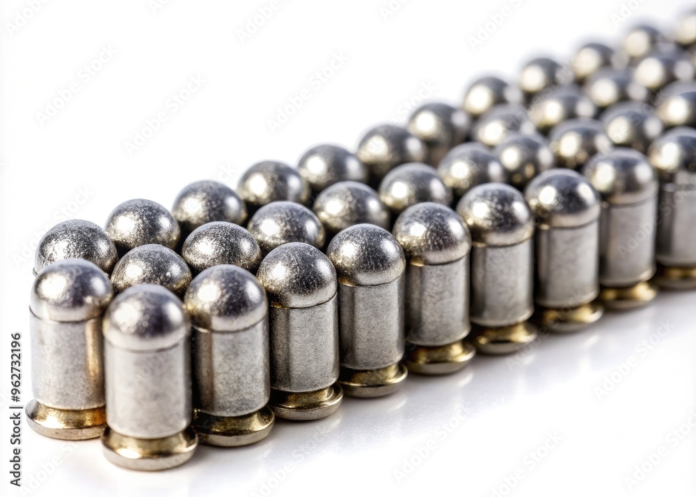 Small, Round Lead Pellets Used As Ammunition For Shotguns, Laid Out In A Close-Up Line On A White Background. Small, Round Lead Pellets Used As Ammunition For Shotguns, Laid Out In A Close-Up Line On A White Background.