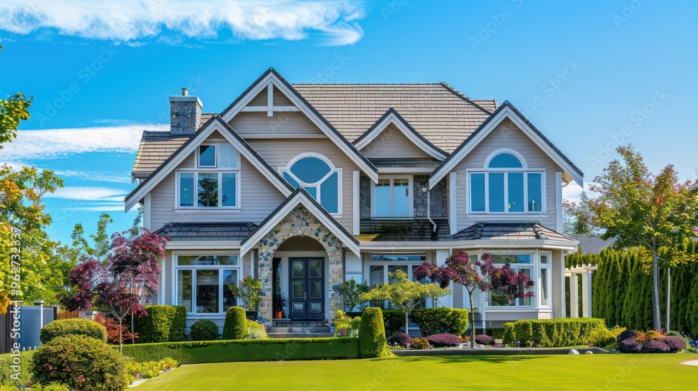 A beautiful modern house with a well-maintained lawn and vibrant landscaping under a clear blue sky.