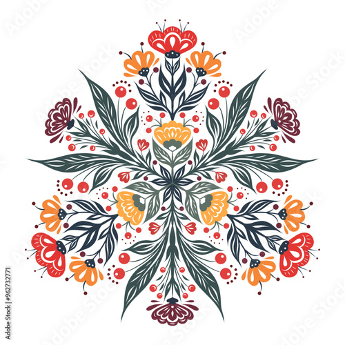 Vector tracery illustration of floral mandala isolated from white background. Folk art flourish ornament. Decorative ornate circle clipart with flowers for invitations, cards and stickers