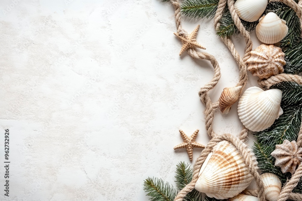 Obraz premium Rope, shells and Christmas decor on white grunge background. Top view with generative ai