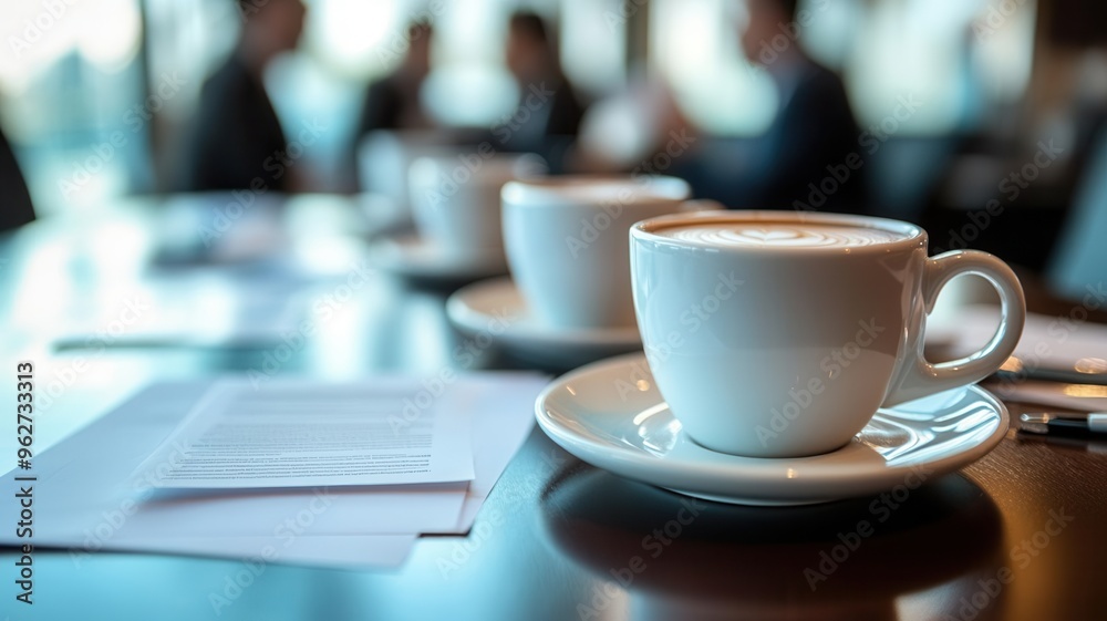 Close-up of coffee cups and documents on a meeting table, businesspeople networking in the background, corporate meeting, networking over coffee Close-up of coffee cups and documents on a meeting table, businesspeople networking in the background, corporate meeting, networking over coffee