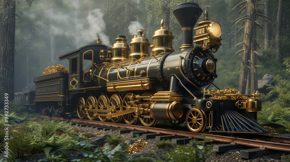 Naklejka premium A gleaming gold and black steam engine travels through a dense forest, exuding luxury and elegance. The rich colors and intricate details of the train contrast beautifully with the natural, verdant