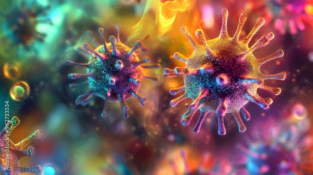 Fototapeta premium Colorful Microscopic Virus Image D Render Health Disease Scientific Research Abstract