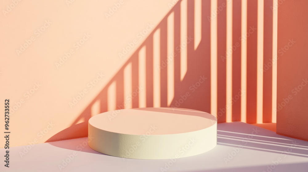 Minimalist Pastel Peach Circular Podium on Pink Background with Soft Light and Shadows, Ideal for Product Showcase Minimalist Pastel Peach Circular Podium on Pink Background with Soft Light and Shadows, Ideal for Product Showcase