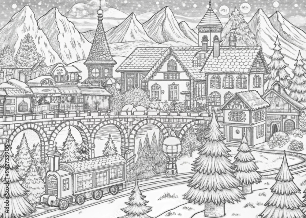 Obraz premium Detailed Winter Village Scene with Snow-Covered Houses for Coloring Books