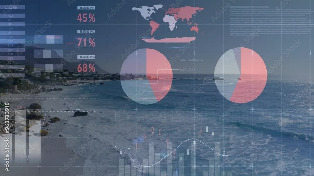 Data visualization animation over coastal landscape with charts and graphs