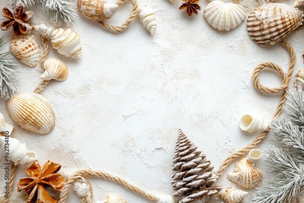 Obraz premium Rope, shells and Christmas decor on white grunge background. Top view with generative ai