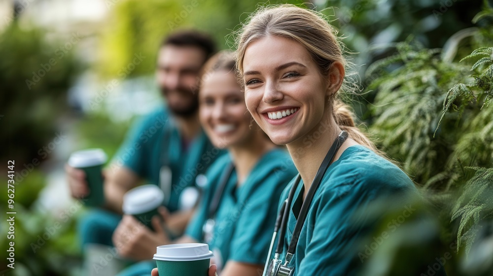 Healthcare professionals enjoying a moment of peace in the hospital garden, smiling with coffee cups, outdoor break, medical team relaxation Healthcare professionals enjoying a moment of peace in the hospital garden, smiling with coffee cups, outdoor break, medical team relaxation