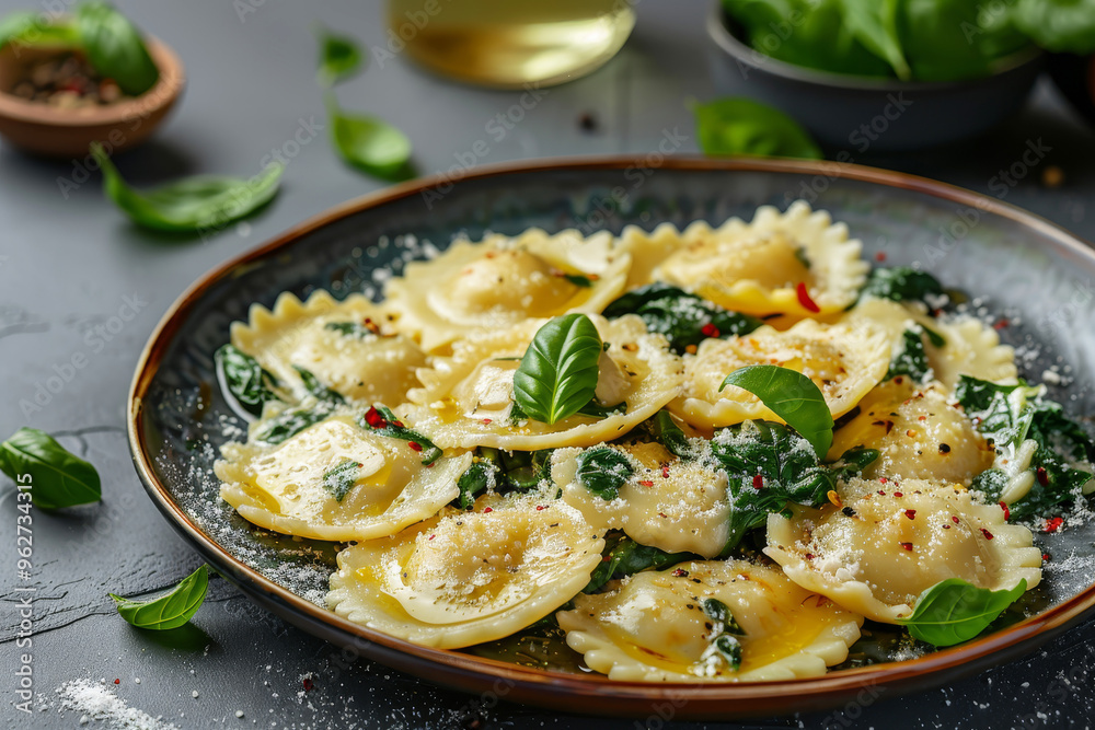 A plate of ravioli with spinach and ricotta filling, drizzled with butter sauce A plate of ravioli with spinach and ricotta filling, drizzled with butter sauce