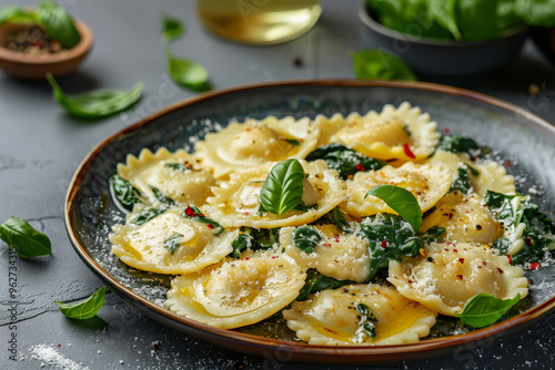 A plate of ravioli with spinach and ricotta filling, drizzled with butter sauce