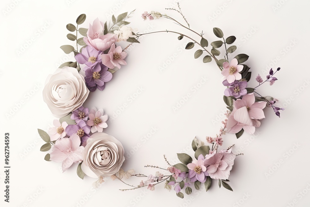 Elegant floral wreath with delicate beautiful flowers on white backdrop. Elegant floral wreath with delicate beautiful flowers on white backdrop.