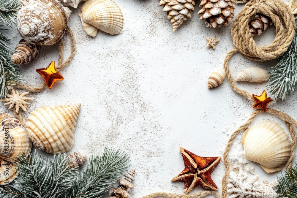 Rope, shells and Christmas decor on white grunge background. Top view with generative ai Rope, shells and Christmas decor on white grunge background. Top view with generative ai