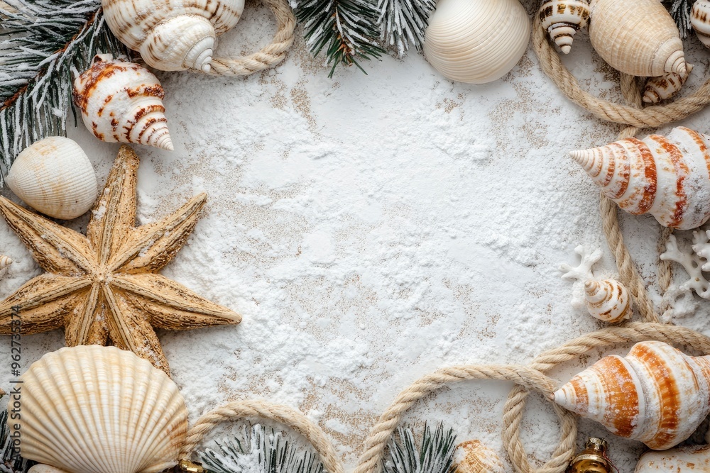 Rope, shells and Christmas decor on white grunge background. Top view with generative ai Rope, shells and Christmas decor on white grunge background. Top view with generative ai
