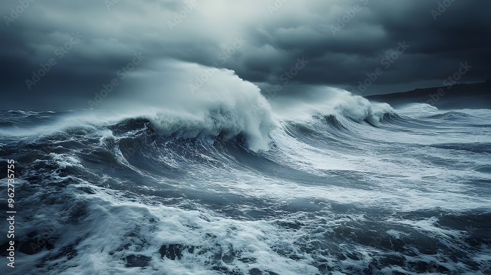 Obraz premium Dramatic coastline with storm waves crashing and wind blowing, raw nature, coastal storm. 