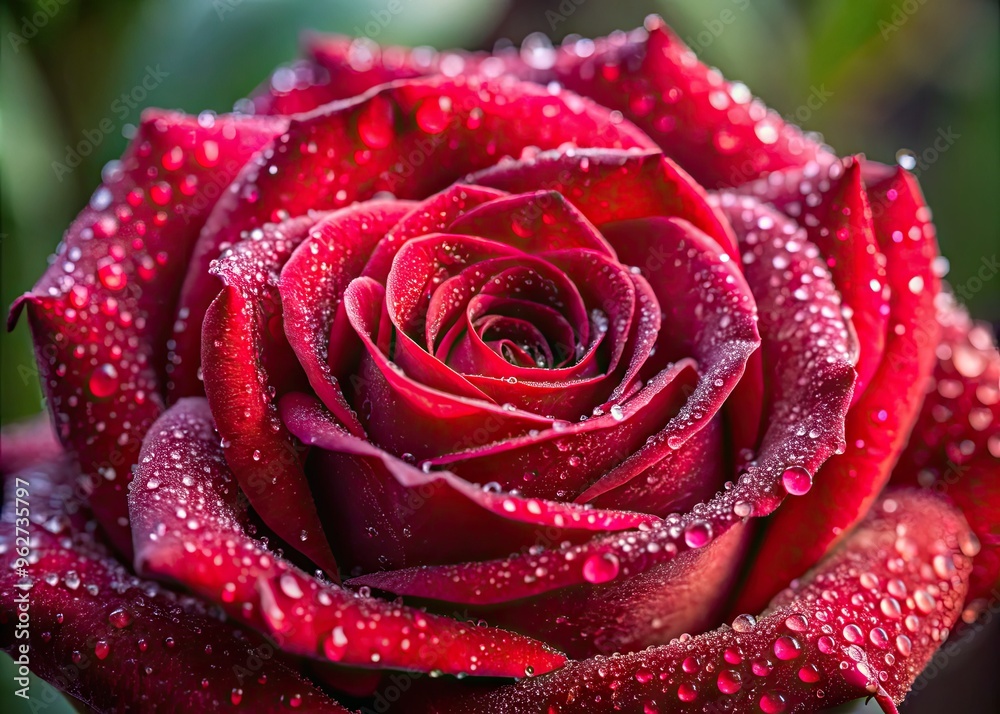 Stunning Crimson-Red Rose With Velvety Petals And Delicate Dew Drops, Captured In Close-Up With A Soft, Natural Light. Stunning Crimson-Red Rose With Velvety Petals And Delicate Dew Drops, Captured In Close-Up With A Soft, Natural Light.