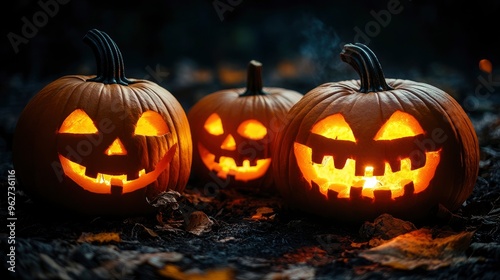 Scary Pumpkins glow at night. Halloween picture on a black background. Fear and the holidays concept with generative ai